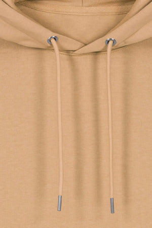 Hanorac premium unisex Cruz, Logo Brodat – Latte – detaliu glugă și șnururi