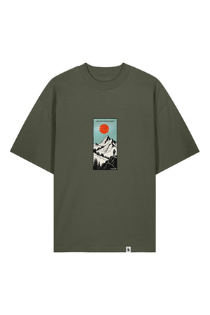 Tricou Blaro print Meet me in the mountains Khaki - fata